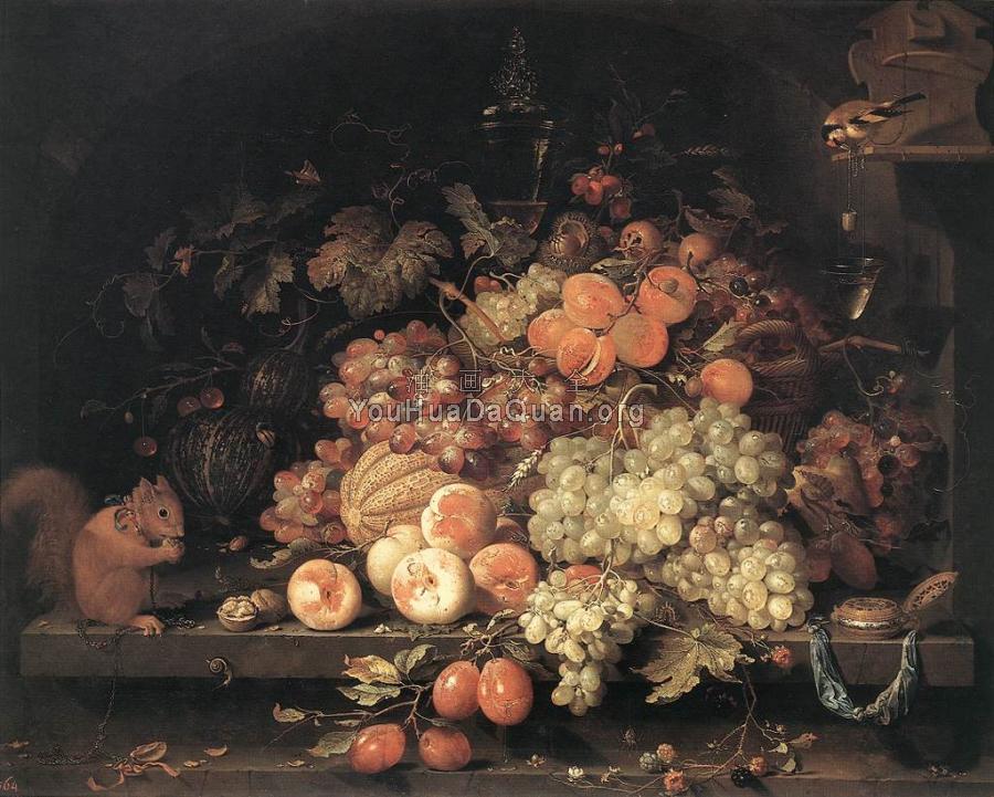 Fruit Still-Life with Squirrel and Goldfinch - 亚伯拉罕·米尼翁